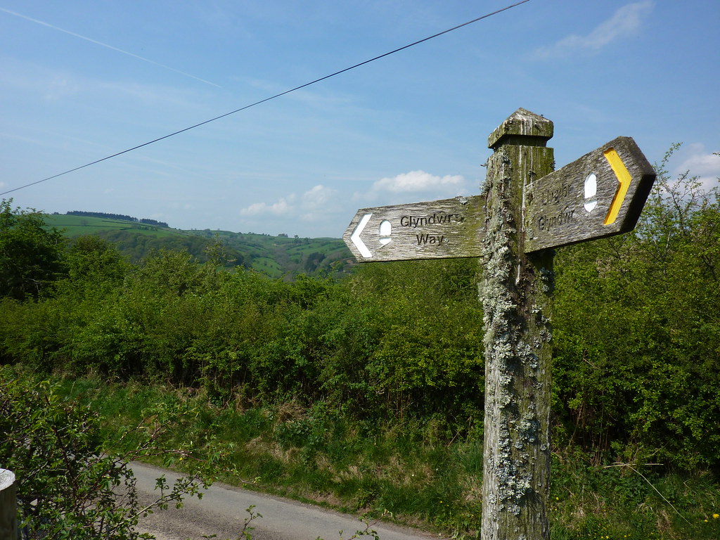 Glyndŵr's Way signpost covered in lichen