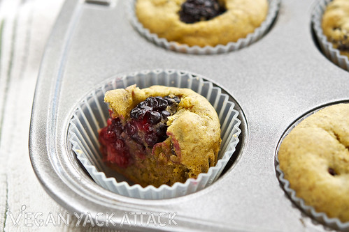 Moist mango blackberry muffins with occasional crunches of pistachios are great for breakfast or a snack! Vegan, soy-free