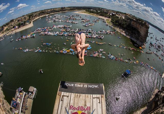 Gary Hunt of the UK dives from the 28 metre platform at Hells Gate during the second stop of the Red Bull Cliff Diving World Series, Possum Kingdom Lake, Texas, USA on June 7th 2014. // Romina Amato/Red Bull Cliff Diving // P-20140608-00166 // Usage for e