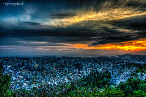 city sunset buildings hill athens greece vista hdr philopappos