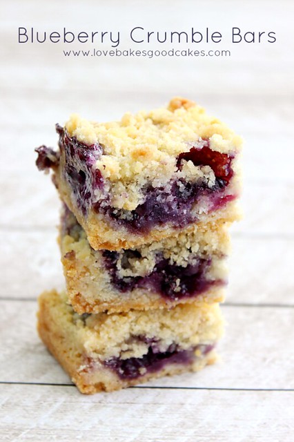 Blueberry Crumble Bars stacked up.