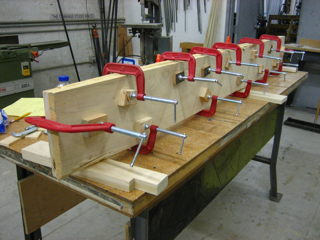 Clamped wood on the workbench