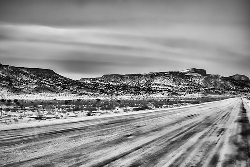 road winter sunset sky blackandwhite bw snow mountains newmexico field clouds landscape mesa