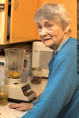 grandma joan in her kitchen making swedish pancakes 
