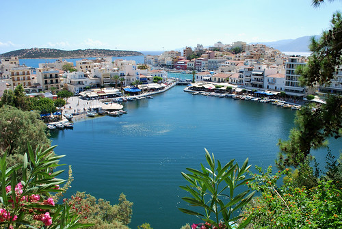 agiosnikolaos crete greece lake tavernas lakevoulismeni bottomless kreta waterfront town sea boats fishing port harbour water bridge