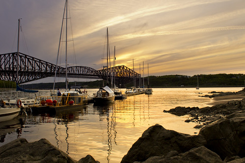 city bridge sunset rock river boat quebec reflexions