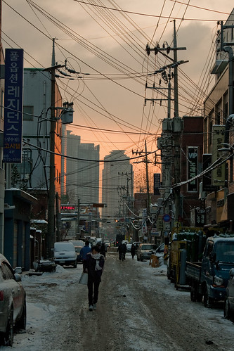 morning winter snow cold weather sunrise buildings asia korea seoul commute