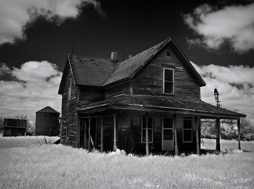 blackandwhite abandoned windmill farmhouse rural decay porch infrared