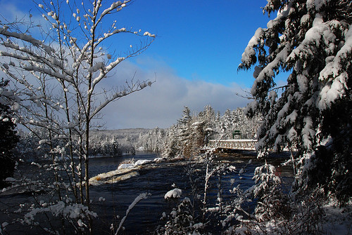 bridge blue winter sky white snow ontario canada water river falls muskoka highfalls