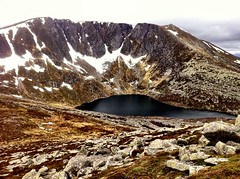 Our gorgeous view of the snow-fringed cliffs overlooking Lochnagar, Cairngorms.