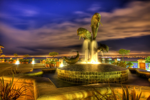 ocean california travel water fountain night clouds stars monterey dolphin hdr