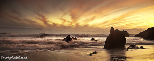 sunset sea water clouds coast sand rocks waves devon westcombebeach