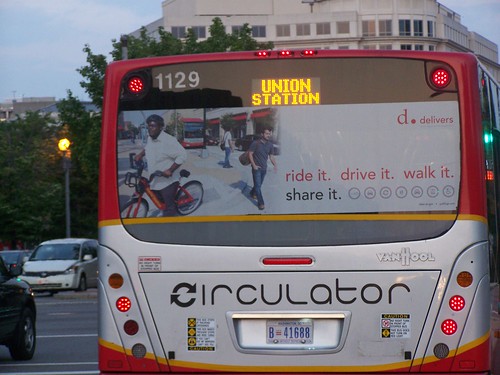 Ad for bicycle sharing on the back of a DC Circulator bus
