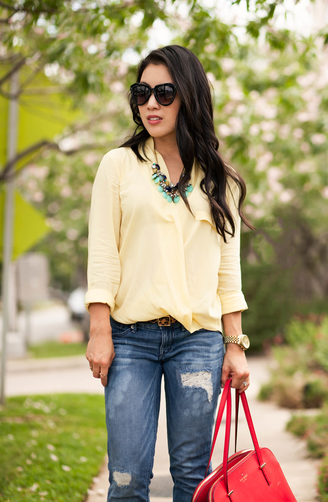 cute & little blog | petite fashion | yellow surplice top, distressed boyfriend jeans, kate spade red tote bag, strappy sandals, oasap statement necklace | summer outfit