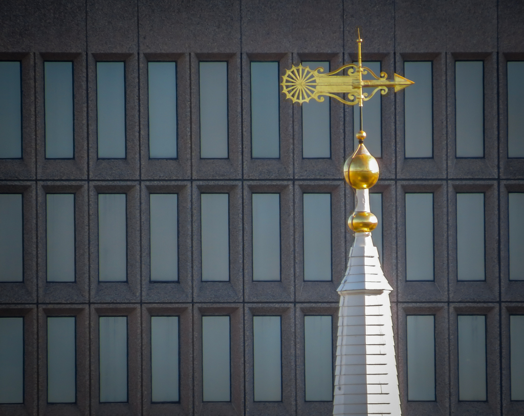 First Baptist Church weathervane in front of Textron building