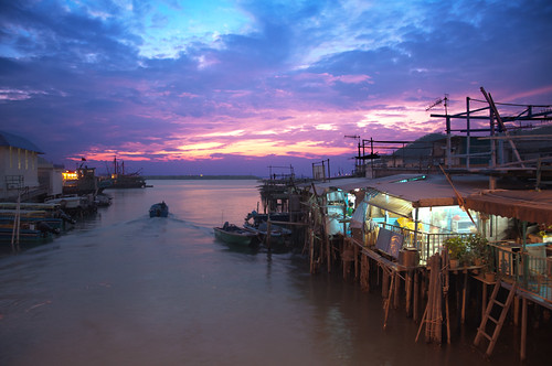sunset sky house home water river hongkong fishing village stilts fishingvillage taio overwater