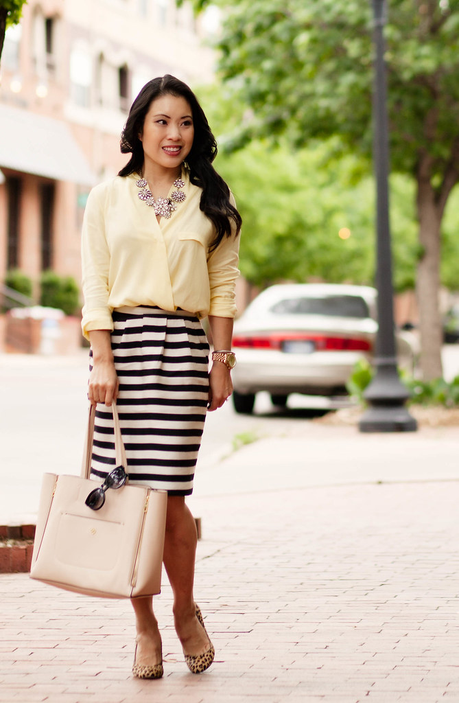 cute & little blog | petite fashion | spring outfit | yellow surplice silk top, black white striped skirt, crystal flower statement necklace, leopard pumps