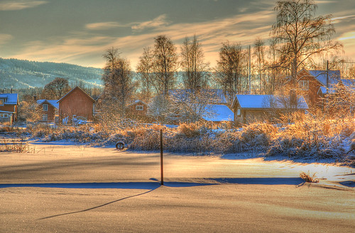 winter sunset snow cold ice village