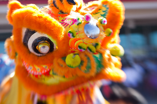 Close up of an orange dragon puppet, Chinese new year celebrations, Austin, Texas