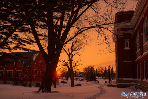 winter sunset sky orange sun snow storm cold tree college weather architecture campus landscape illinois education university path snowstorm monmouth feature monmouthcollege footsteeps dmrfeature