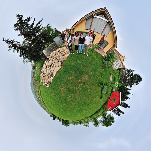family blue red portrait sky people panorama woman man tree green nature smile grass yellow clouds digital germany garden geotagged europe dad outdoor brother stones lawn fisheye hut planet wife lightroom d300 stereographic rollingshutter hugin littleplanet smallplanet christiansenger:year=2011