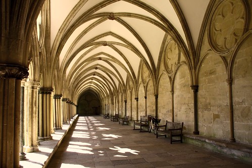 saint bike architecture buildings reflections mary churches cathedrals arches salisbury benches wiltshire cloisters canoneos50d dorrisd mieneke pillarsengland