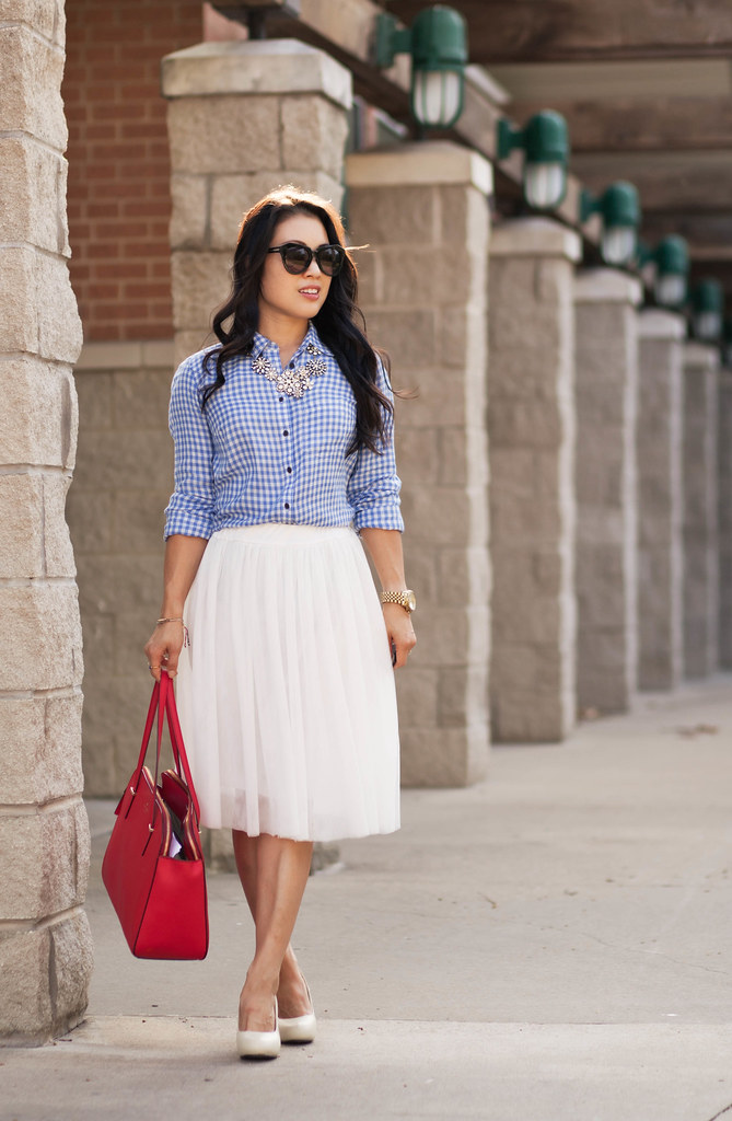 cute & little blog | petite fashion | gingham shirt, white tulle skirt, statement necklace, red tote