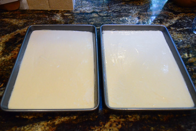 Cake batter that has been distributed evenly into the two baking sheets.