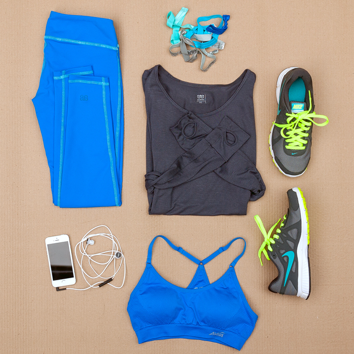Cute workout gear: Cobalt Leggings, Top With Thumbholes, Hairbands, Nike Running Shoes, Sports Bra, Headphones