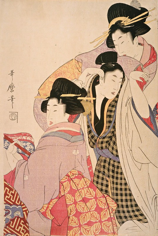 Kitagawa Utamaro I - Two Geishas and a Tipsy Client (c.1805)