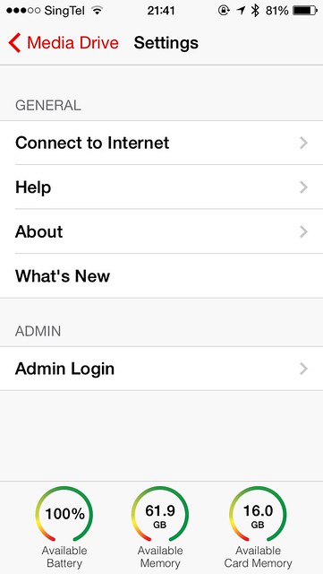 SanDisk Connect Wireless Media Drive iOS App - Settings