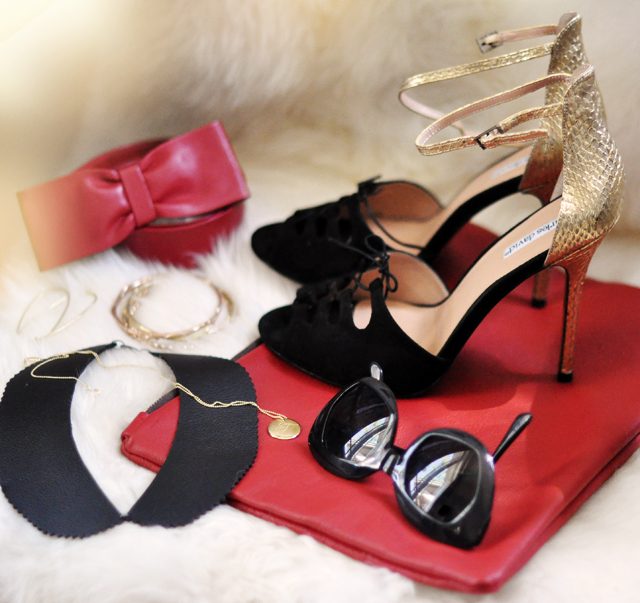 red and black and gold  accessories-sunglasses-collar necklace-strppy heels