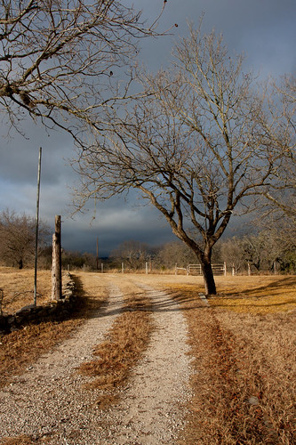 road ranch usa storm tree rain weather rural landscape countryside texas cloudy ominous stormy comfort hillcountry 2010
