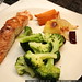 xmas dinner: salmon, broccoli, roasted vegetables