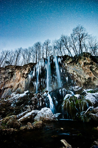 trees winter sky snow cold ice water night stars waterfall rocks falls fallingsprings