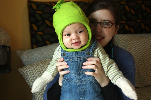 Green Baby Hat &  Cream Baby Mittens