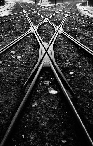 railroad travel bw usa white abstract black industry monochrome rain station metal hub speed train work way landscape illinois scenery iron track industrial pattern technology gbrearview view unitedstates outdoor metallic steel transport perspective scenic tracks rail railway scene junction line direction transportation intersection form rochelle manufacturing chicagoist collectiona geo:lat=4192014168 geo:lon=8907413900