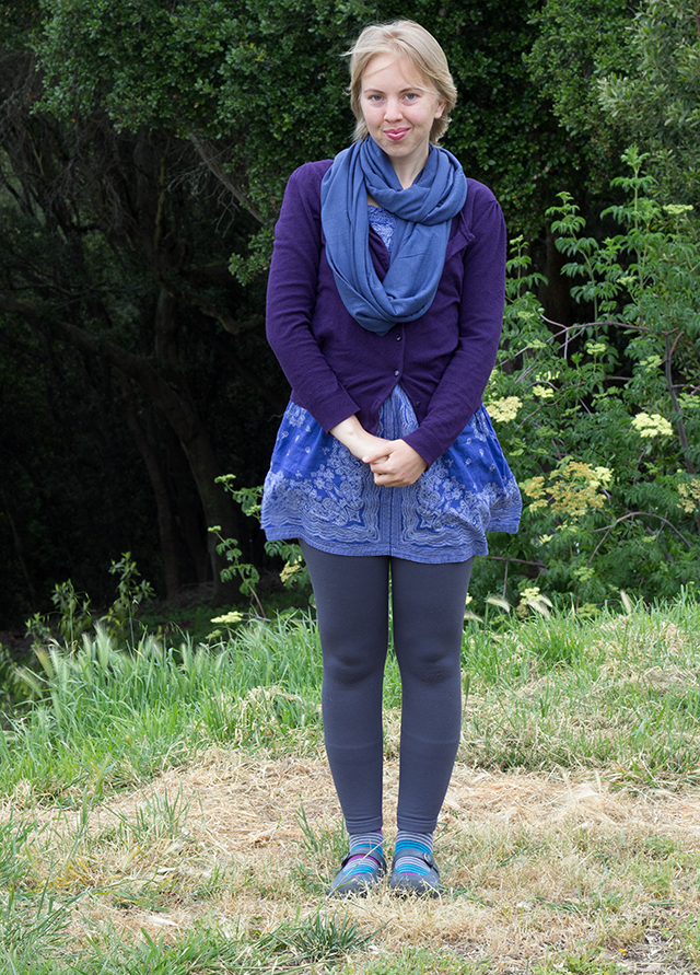 blue circle scarf, purple cardigan, blue printed dress, grey fleece-lined leggings
