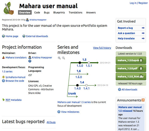 Mahara user manual overview page on Launchpad
