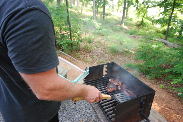 Grilling outside cabin 11 at Occoneechee State Park