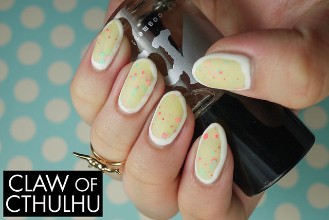 Rainbow Honey Petit Four Swatch (with OPI Matte Top Coat and Kiss White Striper Outlines)