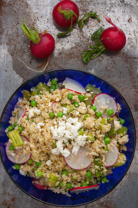 spring freekeh salad with asparagus, peas and radishes