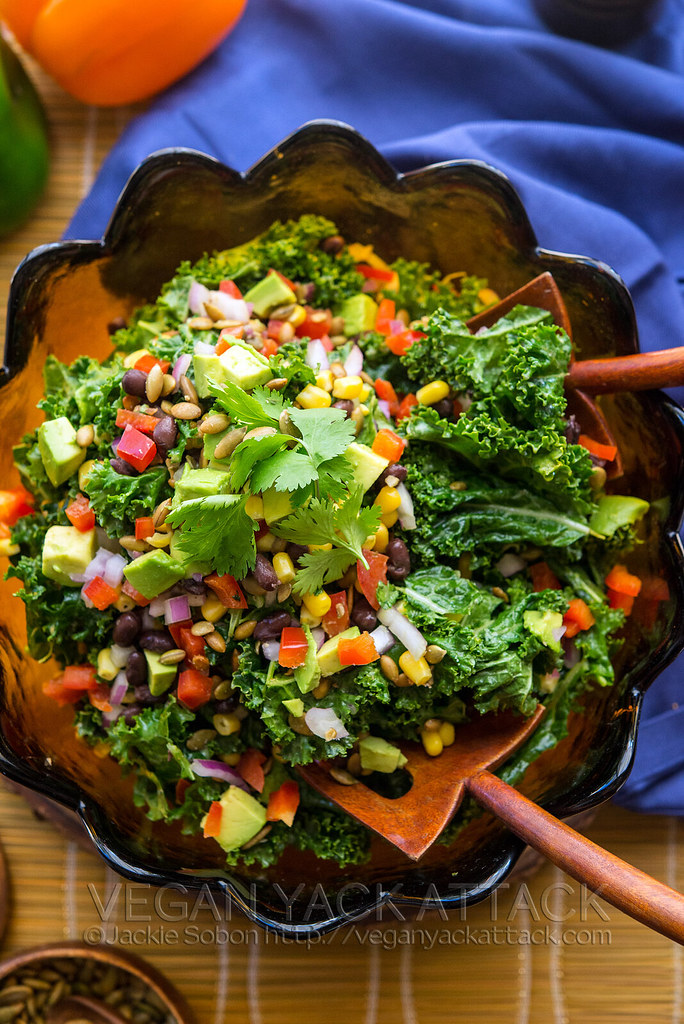 A colorful Southwestern Kale salad filled with flavor and nutrients. Boring salads be gone! Gluten-free, Soy-free, Nut-free, and Vegan.