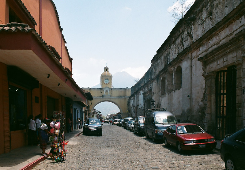Antigua's famous arch with Volcan de Agua in the background.Guatemala shot on 35mm film camera