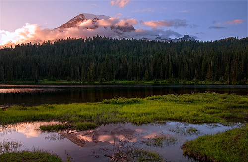 sunset mountain lake reflection grass clouds washington paradise mountrainier reflectionlake