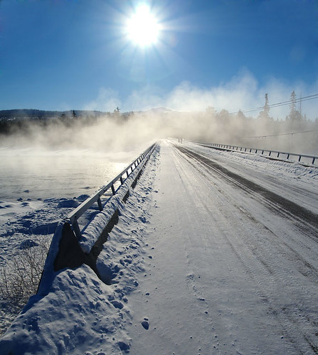 bridge blue winter sun mist snow ice water norway fog frozen hedmark klaracolor