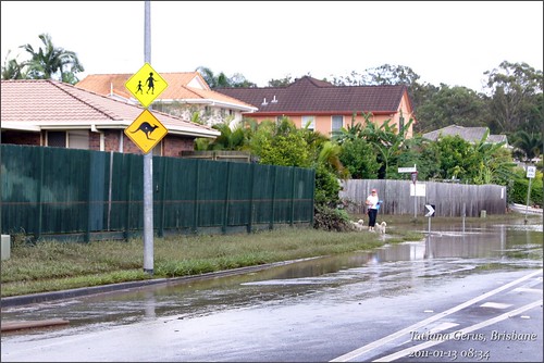 road water sign fence flood january australia brisbane qld queensland roadsign suburbs centenary 2011 qldflood