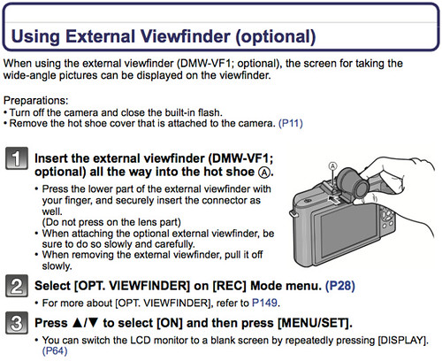 Using the Panasonic DMW-VF1 external viewfinder on the LX5, as referenced on page 198 of the Panasonic LX5 Manual (Advanced Operating Instructions)