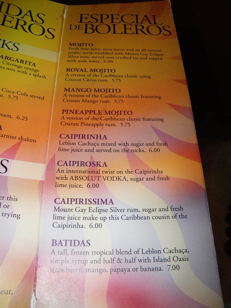 Part of the drink menu in the Boleros Lounge