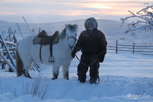 Cavalier iakoute et son cheval dans le givre, par -50°C - Tomtor, Iakoutie, Sibérie © Bernard Grua 2010